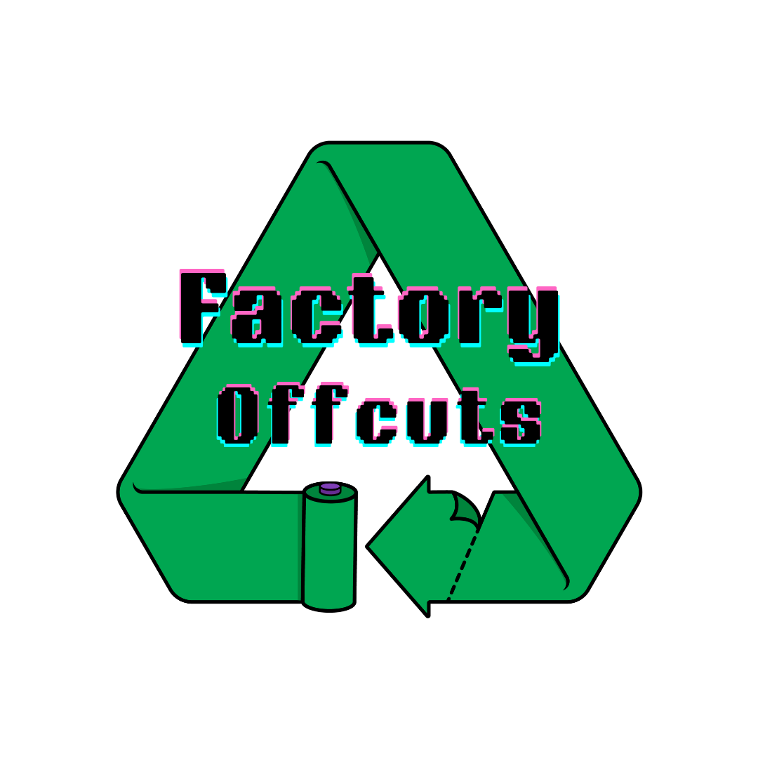 Green recycling symbol with 'Factory Offcuts' text on a white background